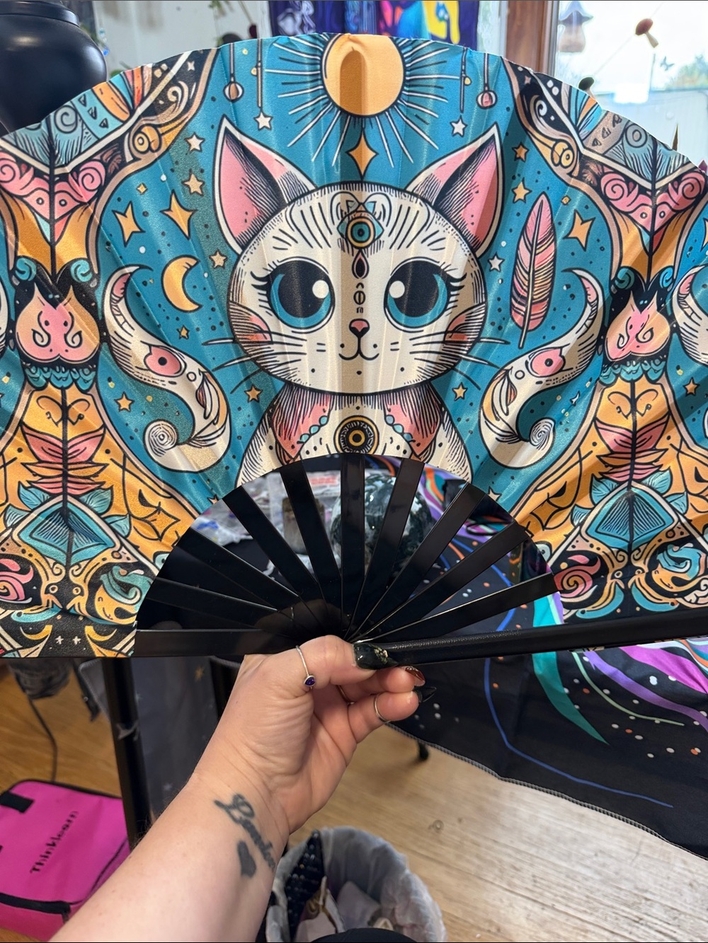 Decorative Cat Print Folding Fan in Teal and Pink 25 inch hand fan